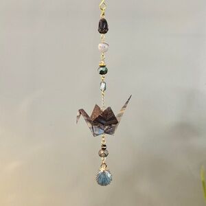 Origami Ornament #2377 - Small Crane with Enamel Shell Charm